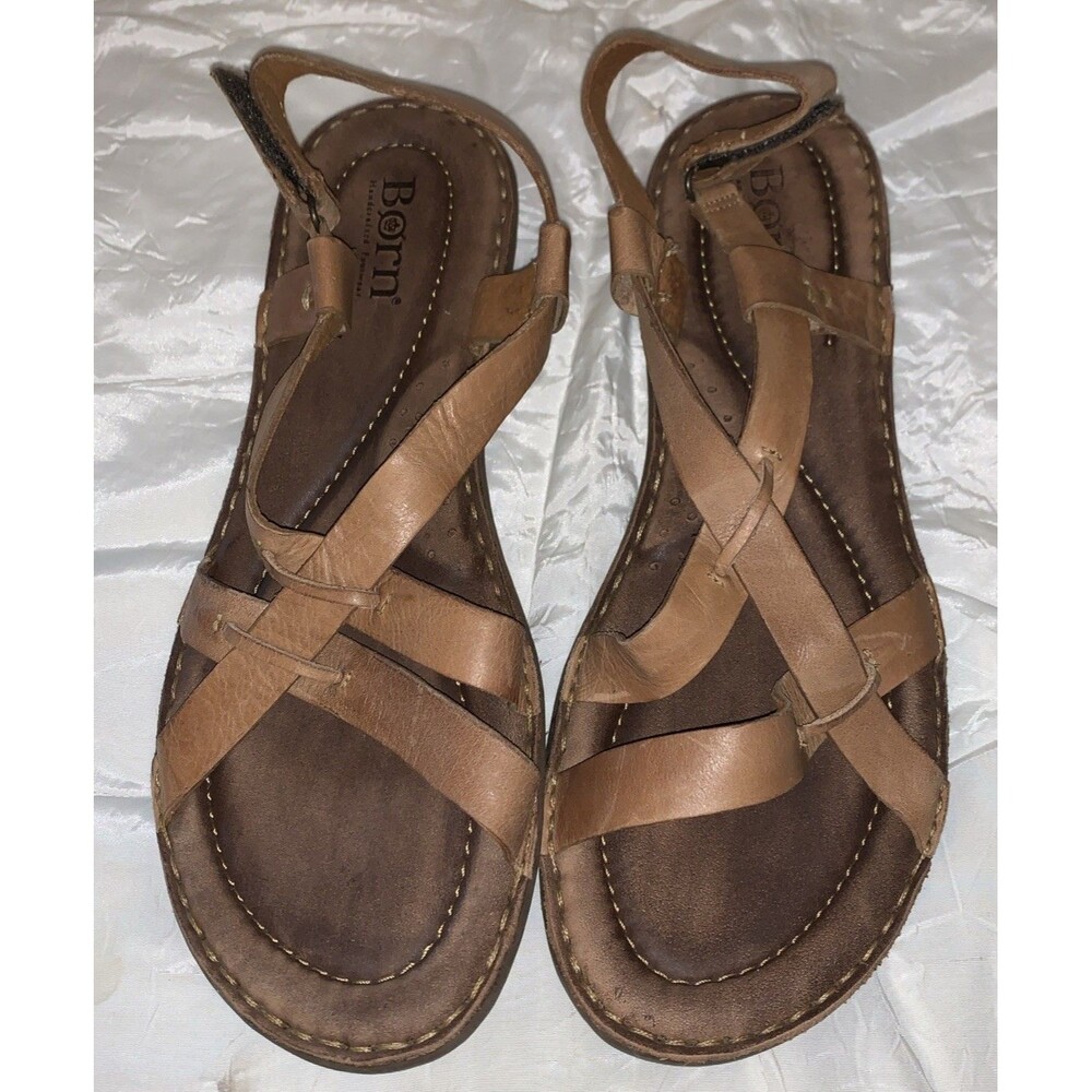 Born Sandals Woman’s 11 Brown Leather Flats Open Toe Slingback Hook Loop Close